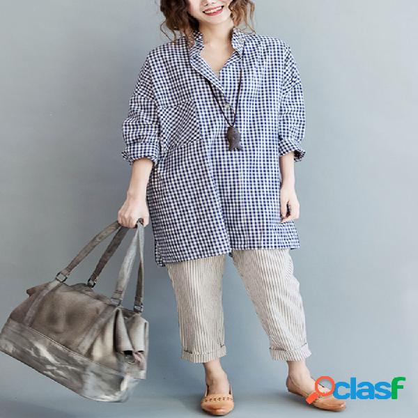 Blusas de manga longa xadrez casual para mulheres