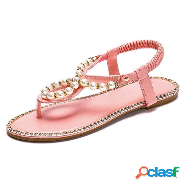 Bohemia Beaded Flip Flops Elastic Beach Flat Sandals