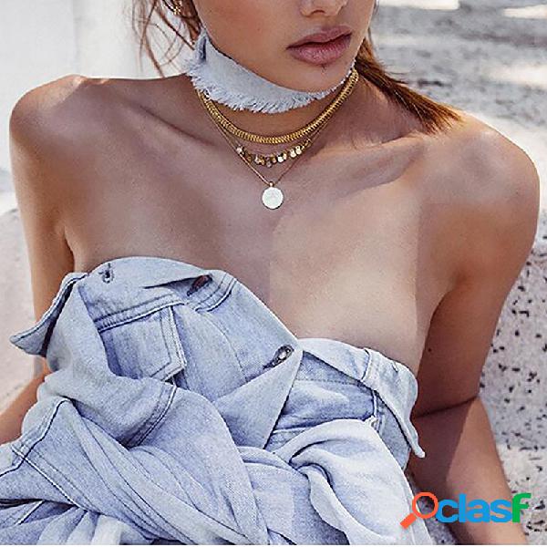 Bohemian Multilayer Colar Paillette Pequeno Sino Pingente
