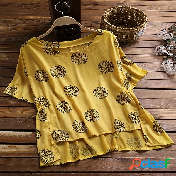 Bolinhas Imprimir Blusas Vintage Elástico na Cintura