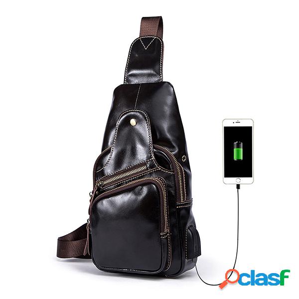 Bolsa Vintage Couro Genuíno Porta USB Casual Masculina