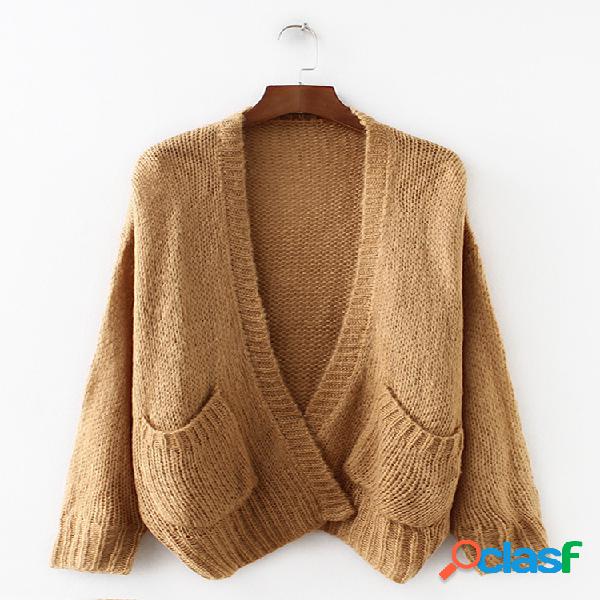 Bolsos casuais cor sólida manga longa cardigan