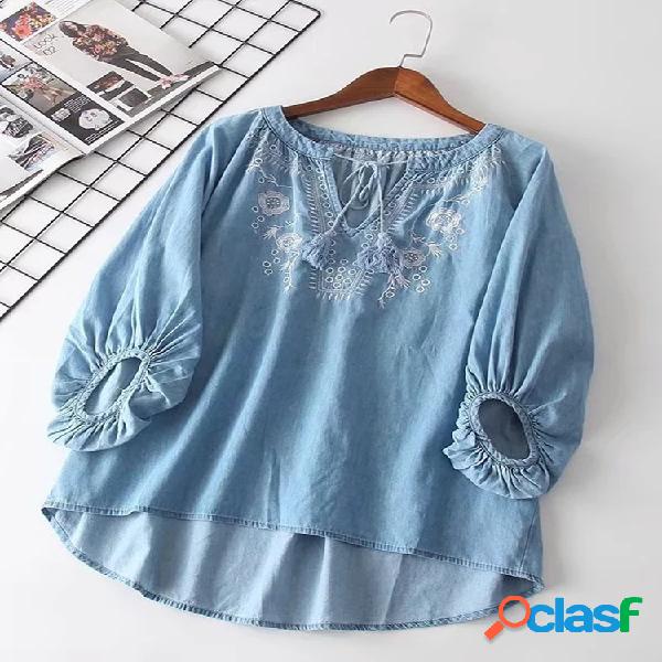 Borlas Denim Bordado Bandagem Vintage Blusas