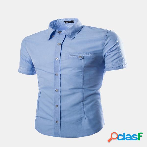 Botão dourado cor sólida Slim Fit camisas curtas para