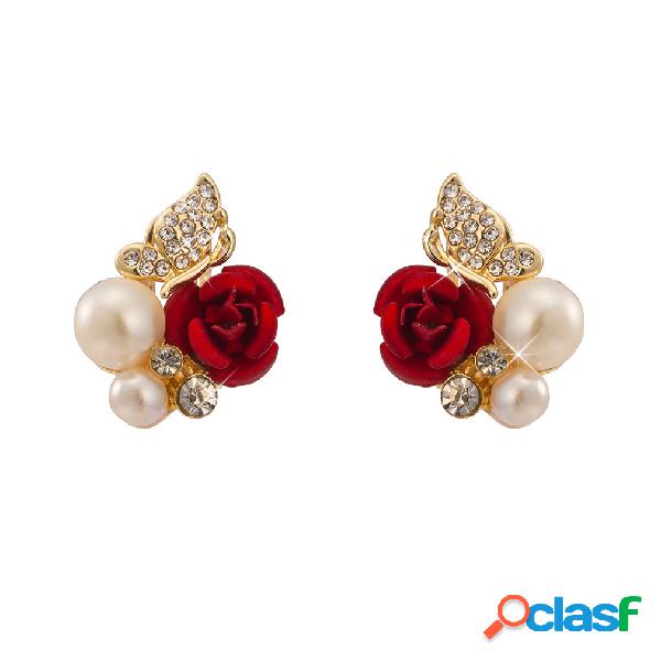 Brincos Luxos De Pérola De Ouro Com Rosa e Borboleta De