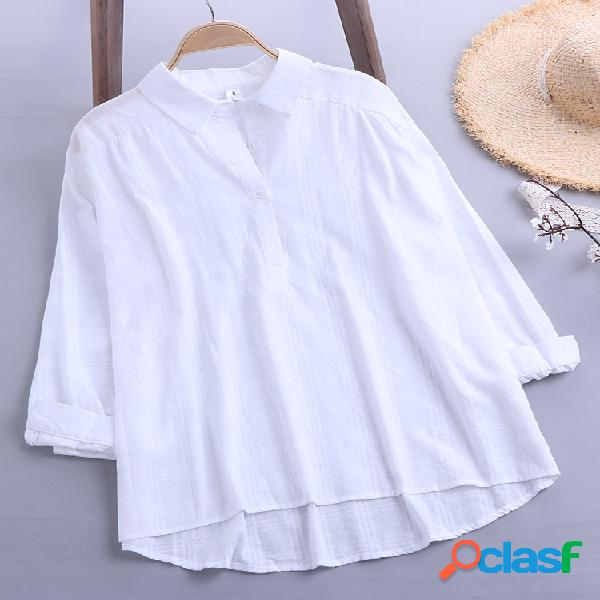 Camisas de algodão de gola de manga comprida cor sólida