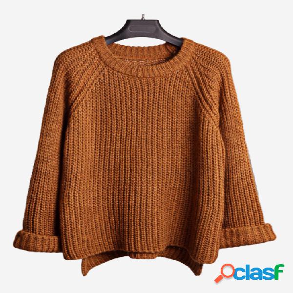 Camisolas de tecido cor sólida Casual O-pescoço