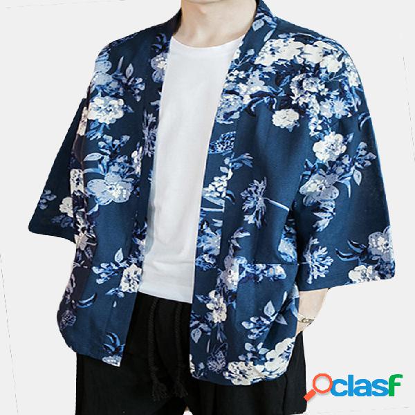 Cardigan de quimono de linho de algodão floral para homem