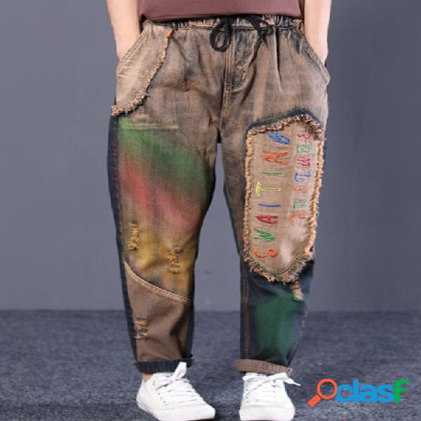 Carta Bordado Patchwork Drawstring Vintage Denim