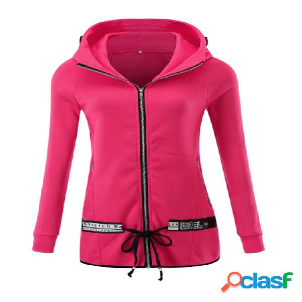 Carta Casual Imprimir manga comprida Lace Zipper Hoodies
