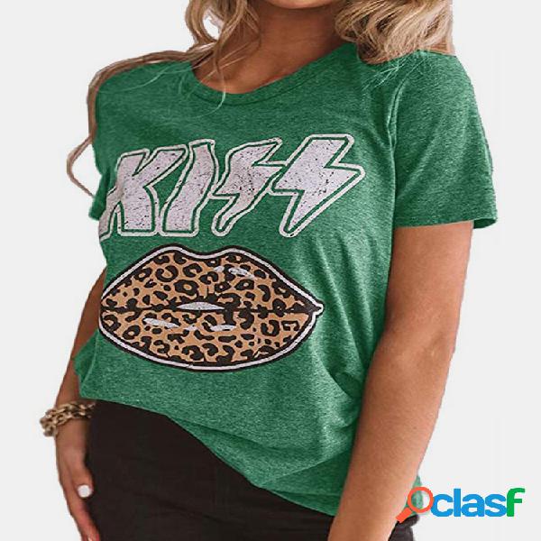 Carta Leopard Lip Print T-shirt de manga curta para mulheres