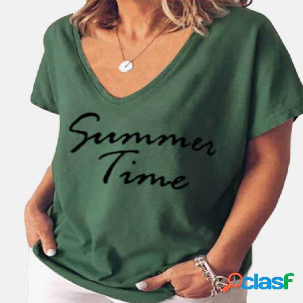 Carta impressa manga curta com decote em v casual t-shirt