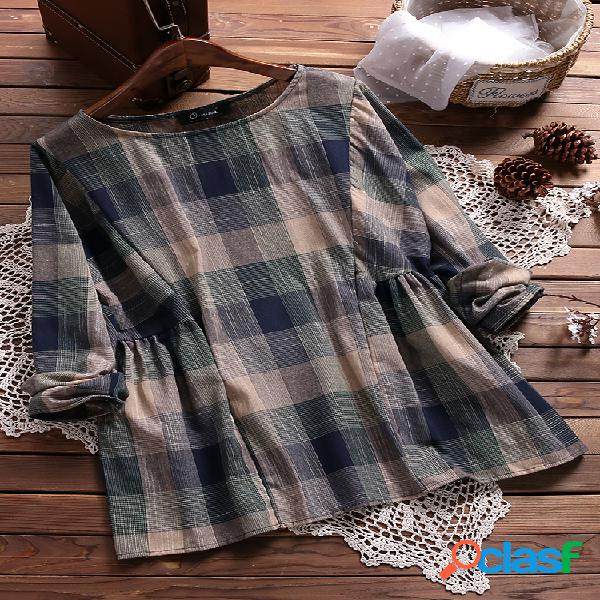 Casual Colorful Plaid Pluff Camisas para mulheres