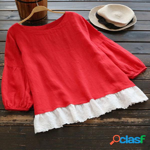 Casual Crew pescoço Patchwork Ruffled Hem Blusas para
