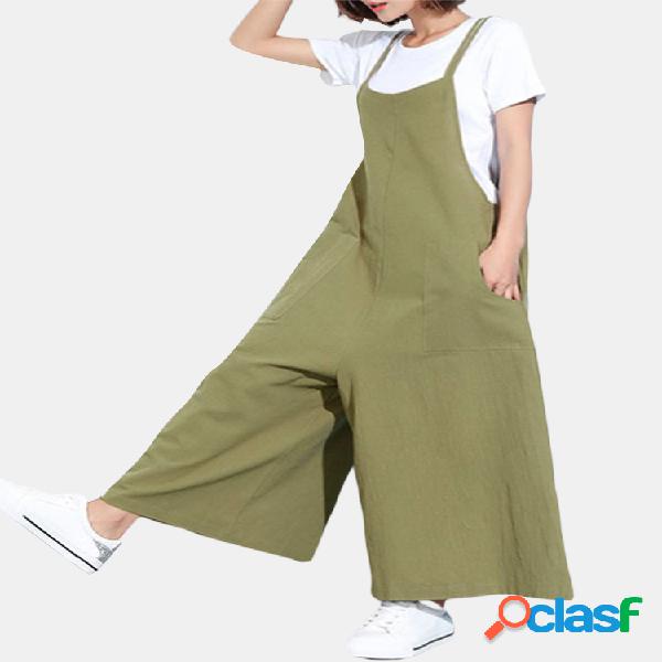 Casual Macacão Sem manga com alças e bolsos Cor Sólida