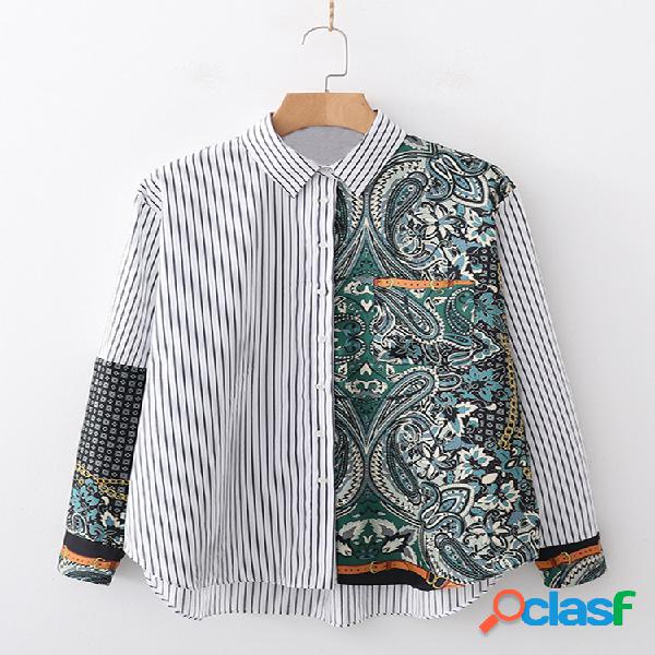 Casual Patchwork listrado impresso camisa para mulheres