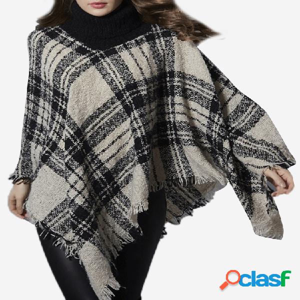 Casual Plaid Print Irregular Tassels Turtleneck Mulheres