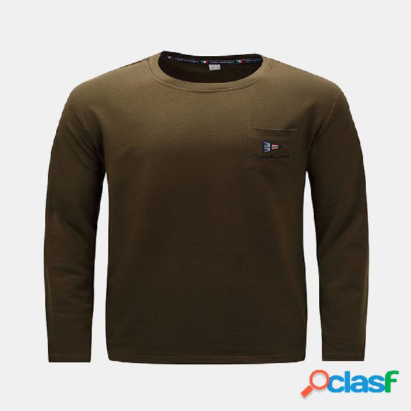 Casual Pure Color Chest Pocket O-pescoço de algodão grosso