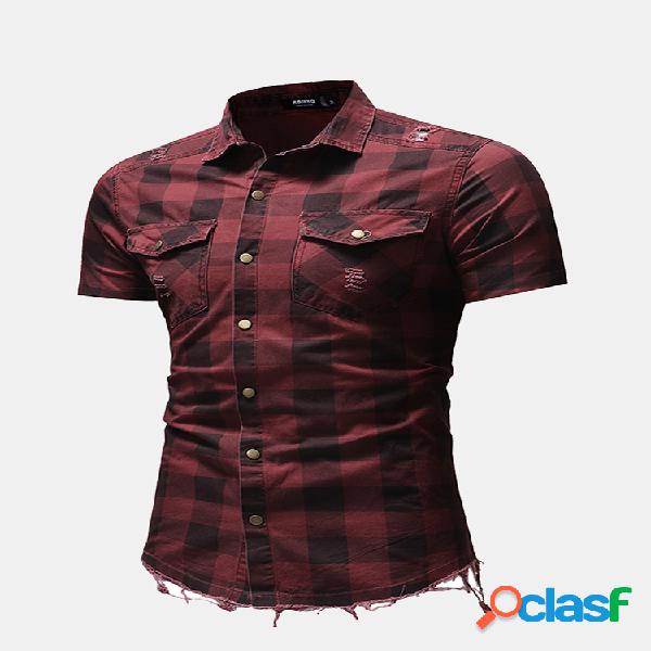 Casual Ripped Plaid Pocket Manga curta Burr Designer Shirts