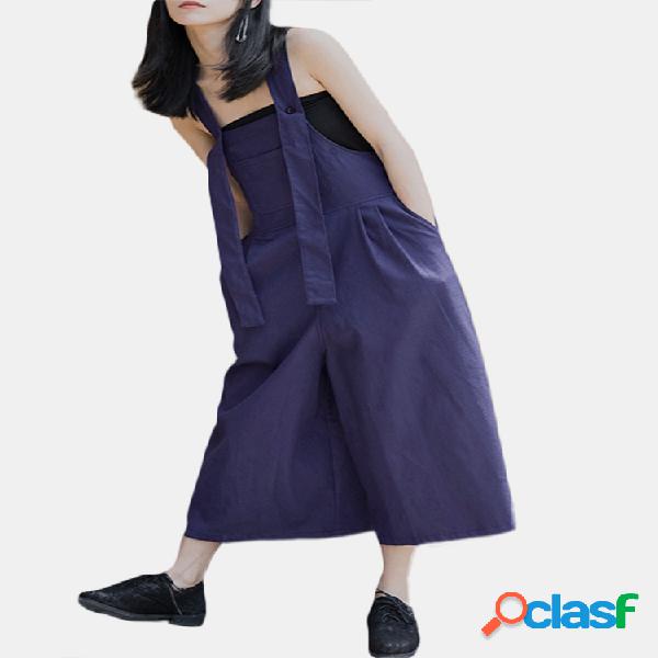 Casual Solid Straps Cor Solta Jumpsuit com Bolsos