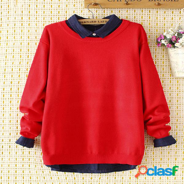 Casual gola cor sólida camisola de manga longa