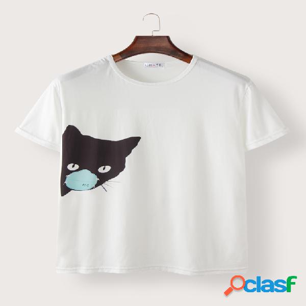 Cat Máscara T-shirt casual de manga curta com desenhos