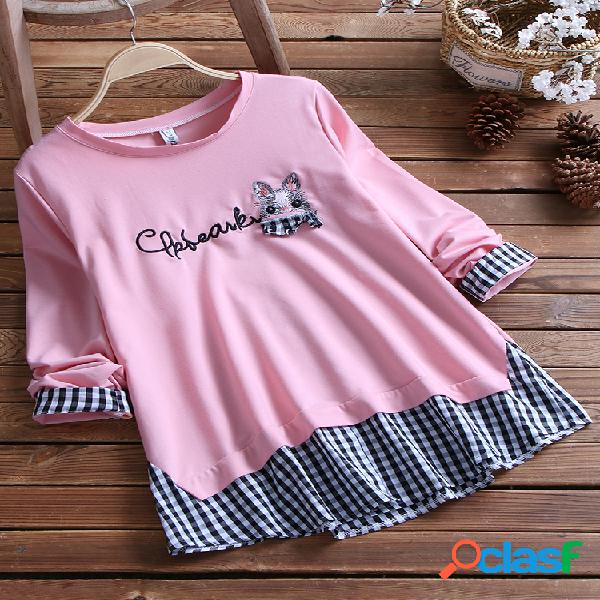 Coelho carta bordado xadrez retalhos manga longa t-shirt