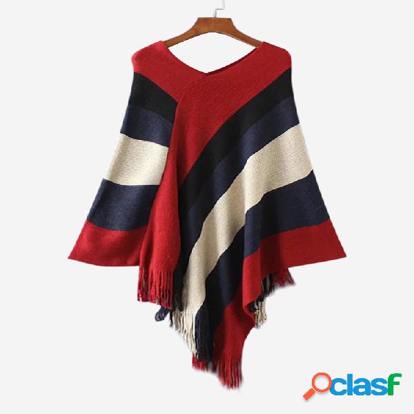 Contraste Cor Stripe V-neck Borla Manto Assimétrico Bat