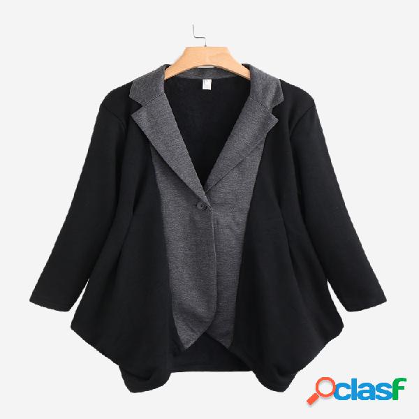 Cor Patchwork Irregular Contraste Cor Mulheres Manga Longa