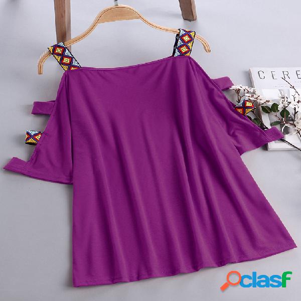 Correias étnicas fora do ombro Casual Loose T-Shirts
