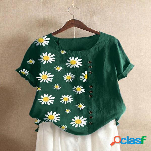 Daisy Floral Impresso O-Neck T-shirt Para Mulheres