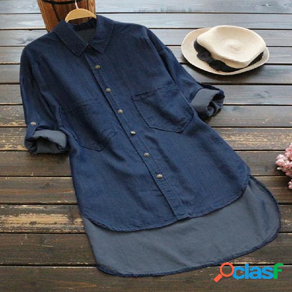 Denim irregular cor sólida manga comprida botão camisas