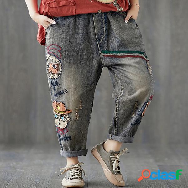 Desenhos animados de retalhos Vintage Harem Denim elástico