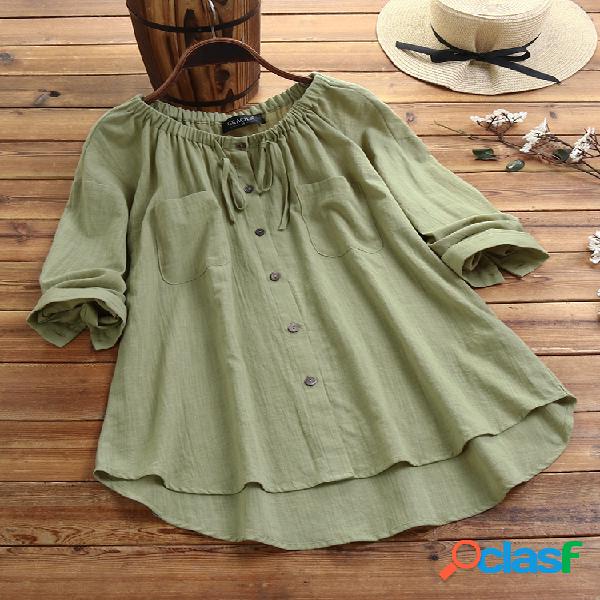 Drawstring Neck Solid Color Long Sleeve Blouse For Women