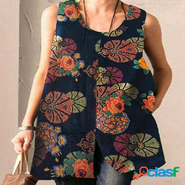 Ethnic Floral Print Splited Vintage Tank Top For Women