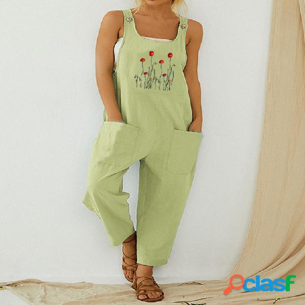 Flor bordado tiras jumpsuit casual para mulheres