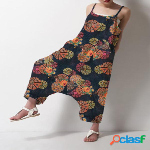 Floral Impresso Straps Jumpsuit Drop-Crotch Para Mulheres