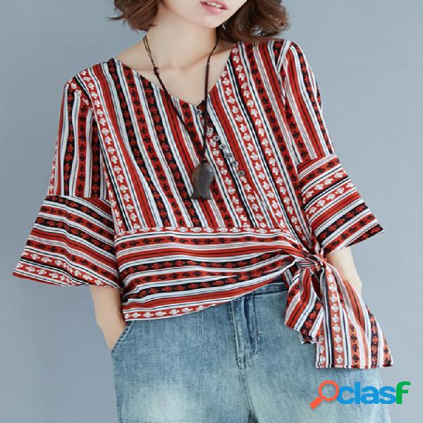 Folk Style Stripe Print Tie Blusas com decote em V de manga