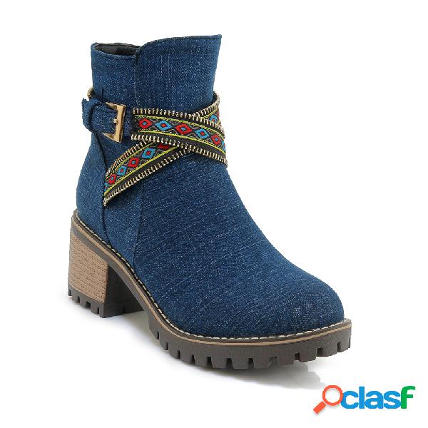 Folkways Band Chunky Heel Lona Quente Lining Ankle Casual