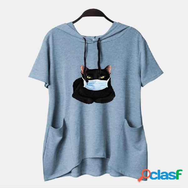 Gato dos desenhos animados Máscara Blusa longa com capuz