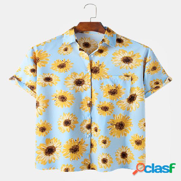 Girassol Imprimir Casual Holiday Lapela manga curta Camisa