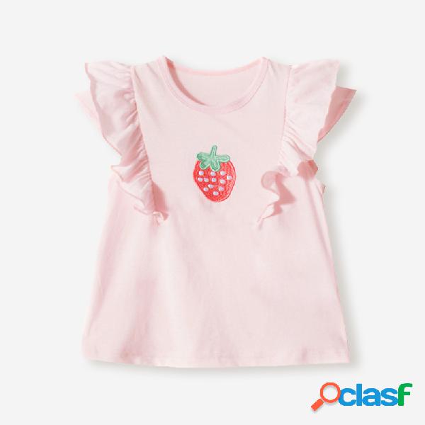 Girl's Strawberry Embroidery Fly Sleeves Casual Cotton