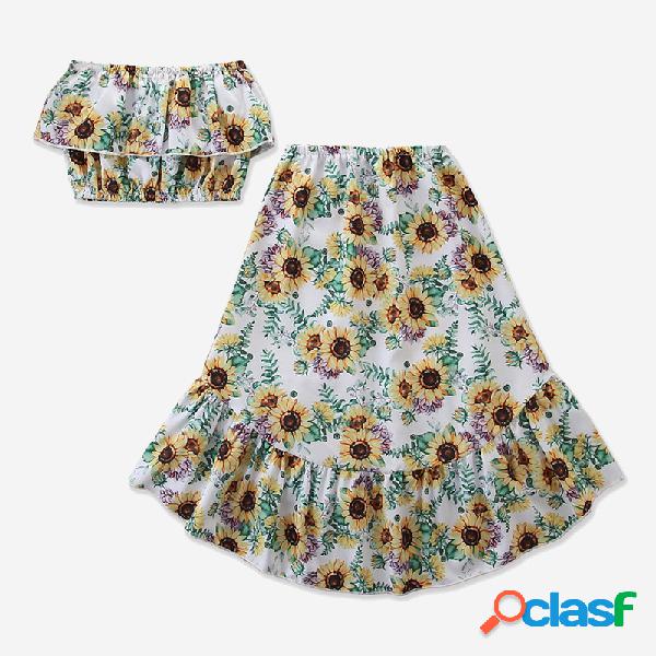 Girl's Sunflower Boob Tube Top+Floral Print Dress Clothing