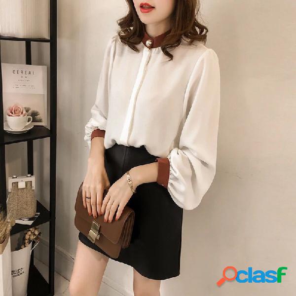 Gola de emenda de cor coleira manga solta chiffon Camisa