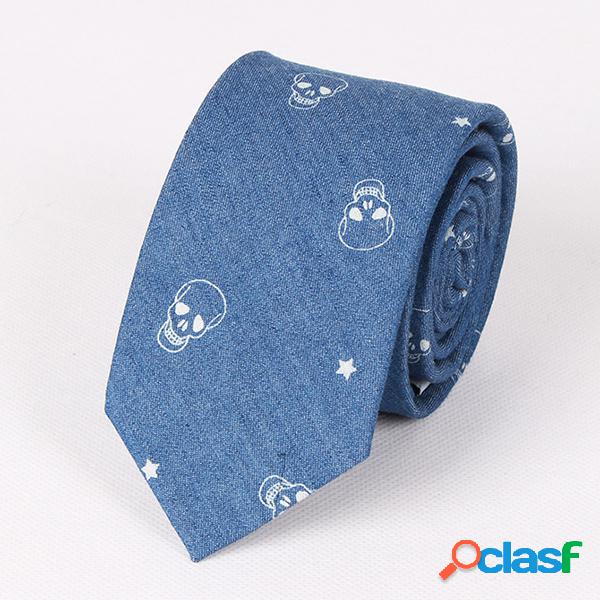 Gravata de Algodão Jeans Com Impressão de Osso de Peixe e