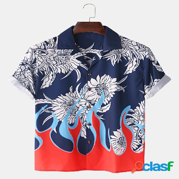 Homens Abstract Floral Fire Impresso manga curta Camisa