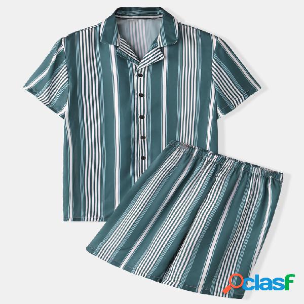 Homens Faux Silk Green Stripe Pyjamas Two Pieces Gola de