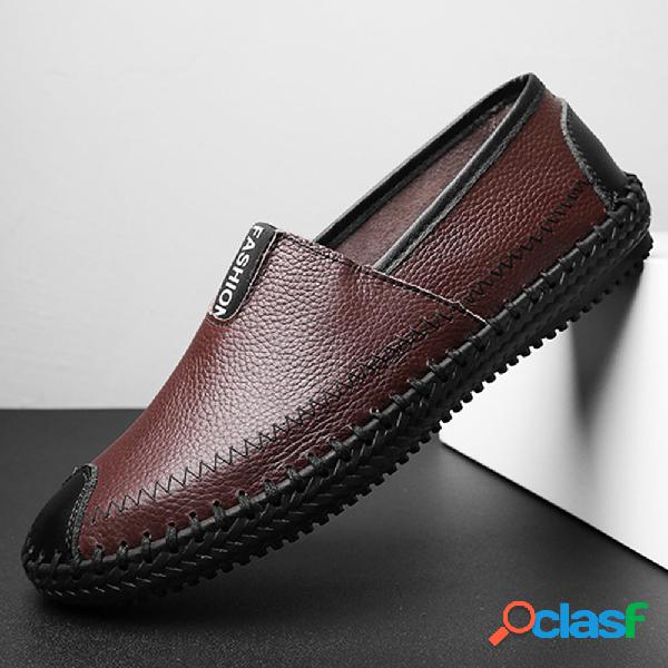 Homens Mão Costura Deslizamento Suave Em Loafers De Couro