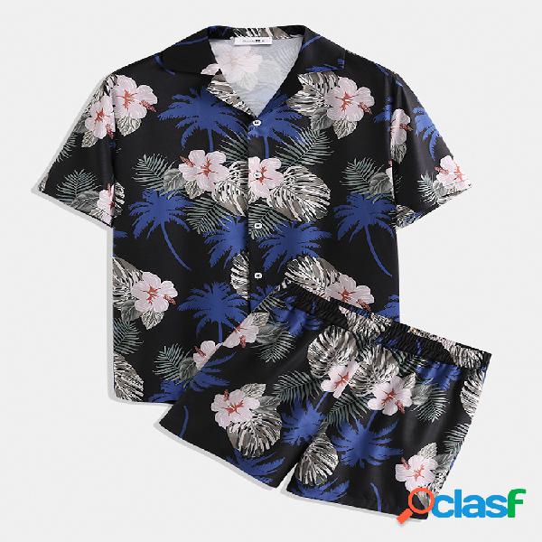 Homens Tropic Floral Print Outfits Loose Two Pieces Lapeal