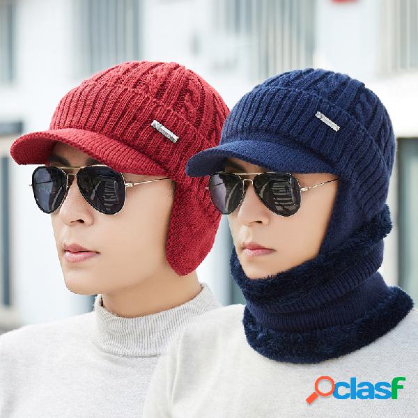 Homens inverno orelhas quentes veludo tricô gorro cachecol